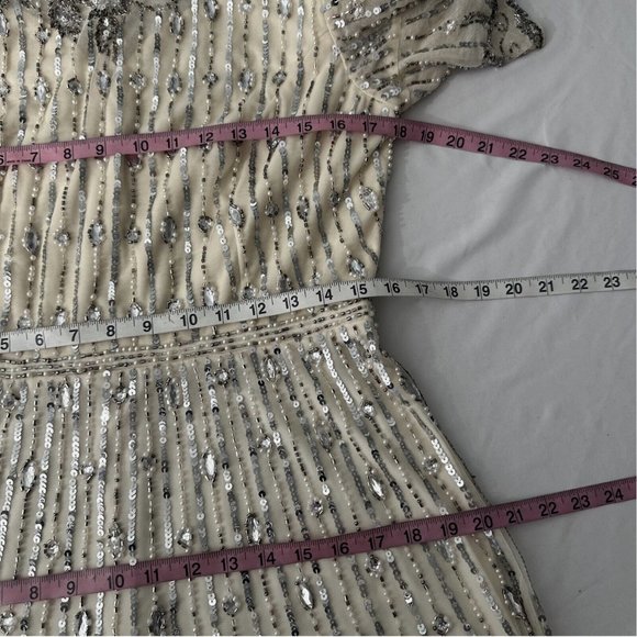 NWT $578 Mac Duggal [ 10 ] Embellished Beaded Flounce Sleeve Midi Dress‎ Cream - Picture 4 of 15